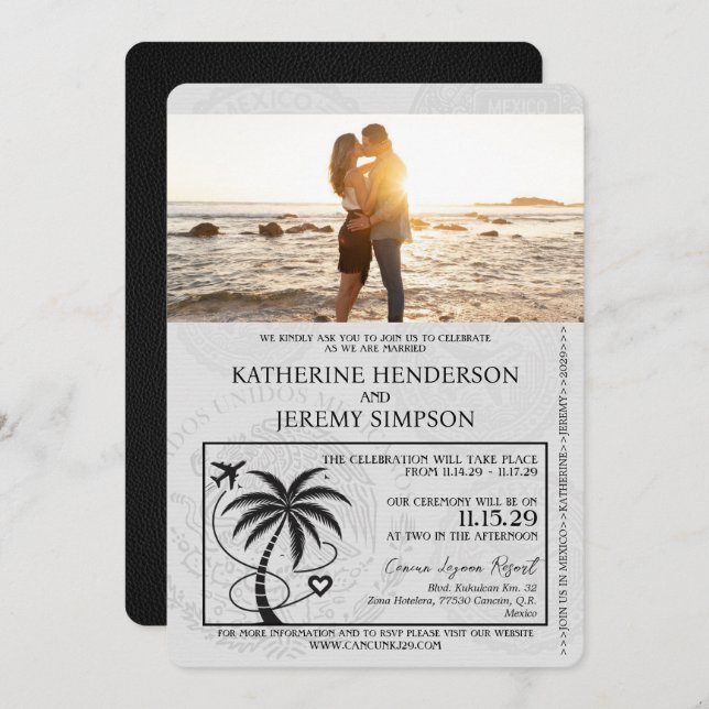 Black Cancun Passport Wedding Invitation (Front/Back)