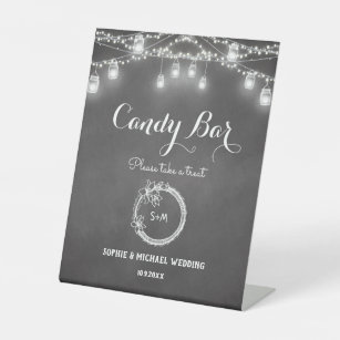 Black Candy Bar Wedding String Lights Pedestal Sign