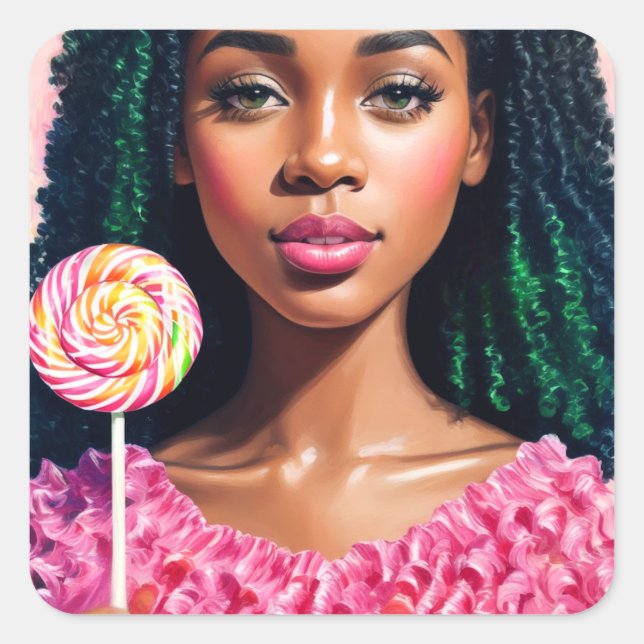 Black Candy Girl Lollipop Beauty Square Sticker (Front)