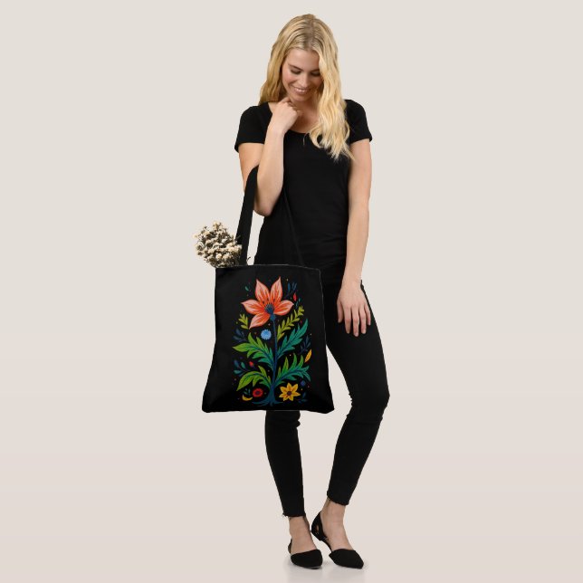Black Canvas Folk Art Flower Tree Dark Boho Tote Bag (On Model)