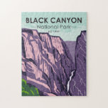 Black Canyon Of The Gunnison National Park Vintage Jigsaw Puzzle<br><div class="desc">Black Canyon vector artwork design. The park surrounds part of a deep,  steep-walled gorge carved through Precambrian rock by the Gunnison River. Wildlife includes mule deer,  elk and golden eagles.</div>
