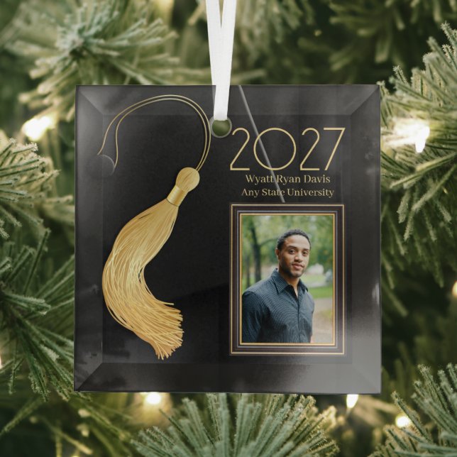 Black Cap and Gown with Gold Tassel Glass Ornament (Insitu)