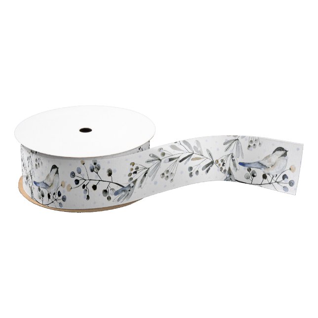 Black Cap Chickadee Bird Berries In Snowfall Grosgrain Ribbon (Spool)