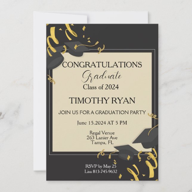 Black Cap Gold Modern Script Graduation Party    Invitation (Front)