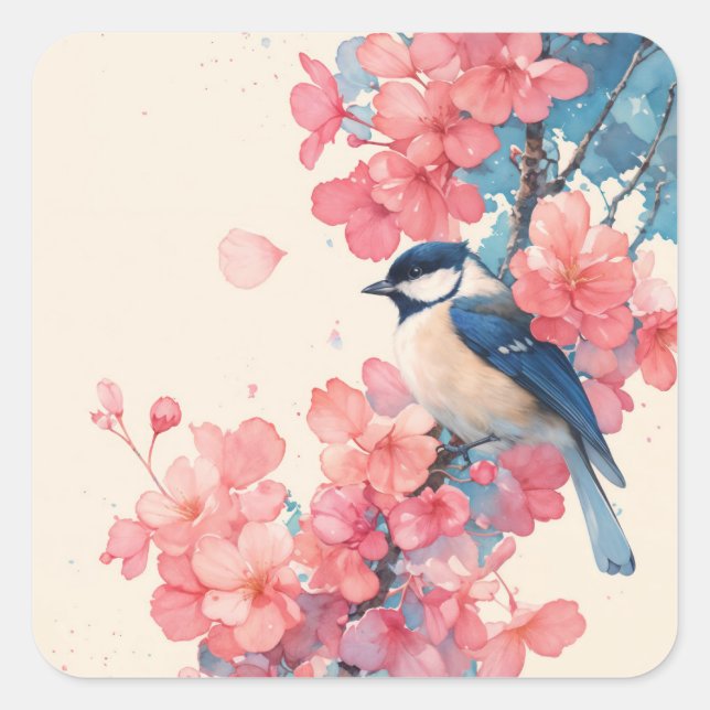Black-Capped Chickadee and Harmony of Cherry Bloss Square Sticker (Front)