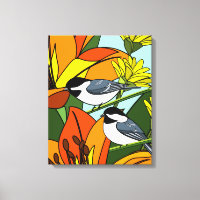 Black capped Chickadee and Lily Flowers
