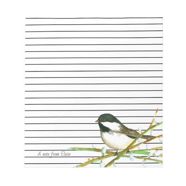 Black Capped Chickadee Bird Custom Name Lined Notepad (Front)