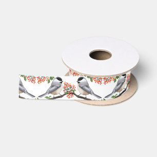 Black Capped Chickadee in Red Berries Ribbon Satin Ribbon