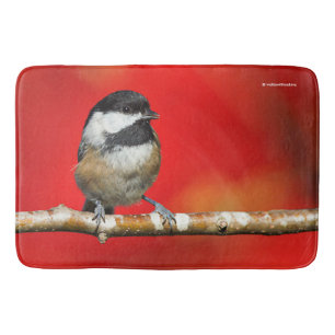 Black-Capped Chickadee on Autumn Red Background Bath Mat
