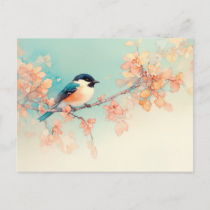 Black Capped Chickadee on Peach Autumn Leaf Branch Postcard