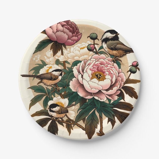Black Capped Chickadee Peony Art Nature Lovers     Paper Plate (Front)