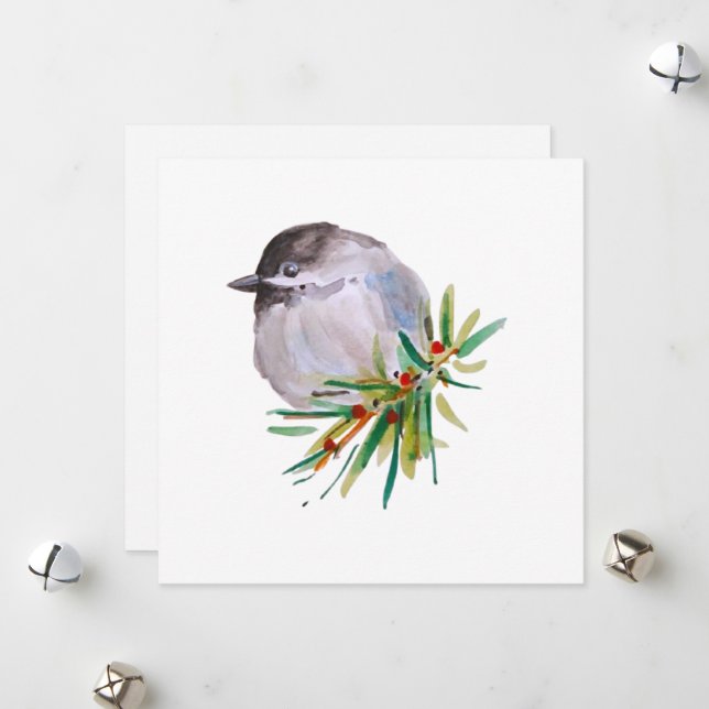 Black Capped Chickadee Watercolour Holiday Card (Front/Back In Situ)