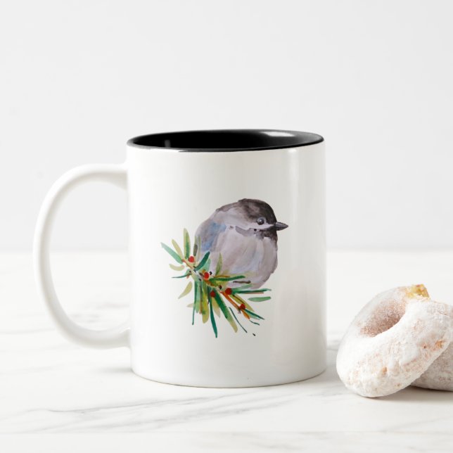 Black Capped Chickadee Watercolour Two-Tone Coffee Mug (With Donut)