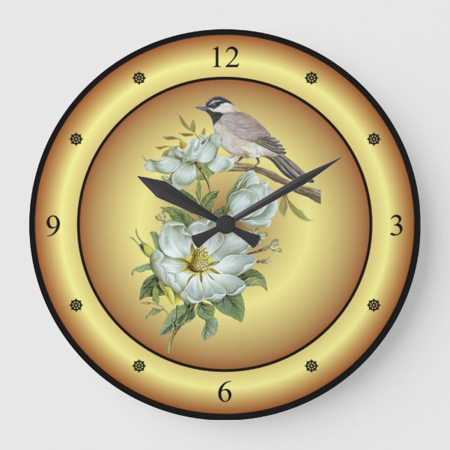 Black Capped Chickadee ~ White Magnolia Flower ~  Large Clock (Front)