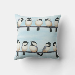 black capped chickadees on a line throw pillow
