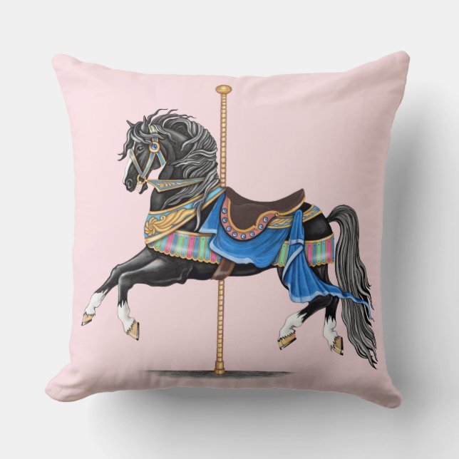 Black Carousel Horse Throw Pillow (Front)