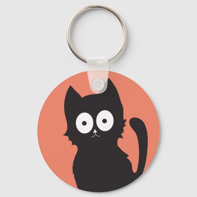 Black Cartoon Cat on Red Backdrop Keychain (Front)