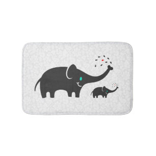 Black Cartoon Elephants White Damasks Background Bath Mat