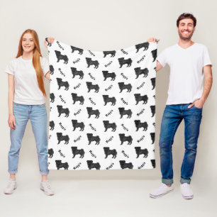 Black Cartoon Pug Dog With Dog's Name Pattern Fleece Blanket