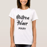 Black Casual Script Matron of Honour Monogram Favo T-Shirt<br><div class="desc">Trendy typography monogram t-shirt. Modern and stylish, this custom design features the text "Matron of Honour" in casual script lettering and an editable text field for a name in elegant sans serif in black. Easily personalize this design to match your style by clicking "Customize" to go to the design tool...</div>