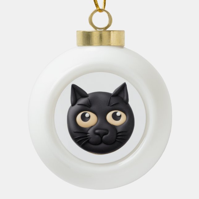 Black Cat 3D Inspired Ceramic Ball Christmas Ornament (Front)