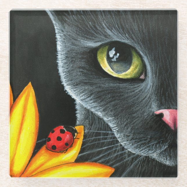 Black Cat 510 ladybug yellow flower Glass Coaster (Front)