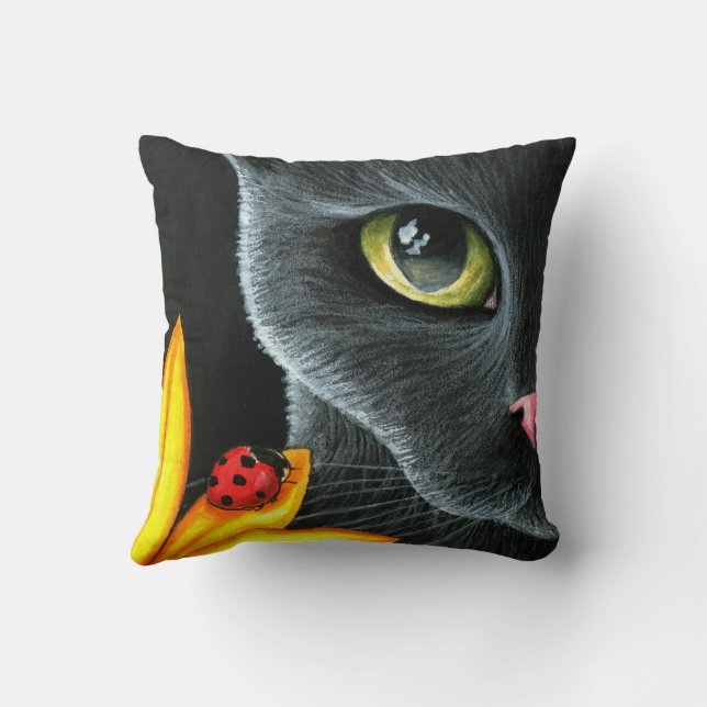 Black Cat 510 ladybug yellow flower Throw Pillow (Back)