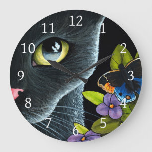 Black Cat 557 Blue butterfly Flowers Large Clock