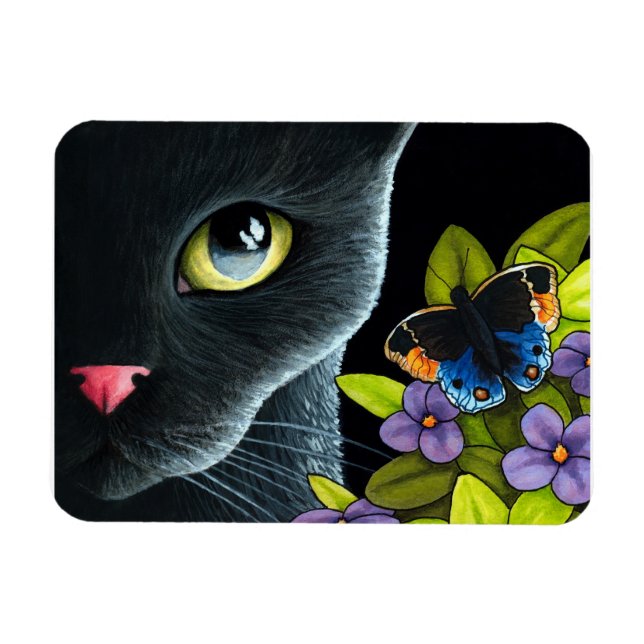 Black Cat 557 Blue butterfly Flowers Magnet (Horizontal)