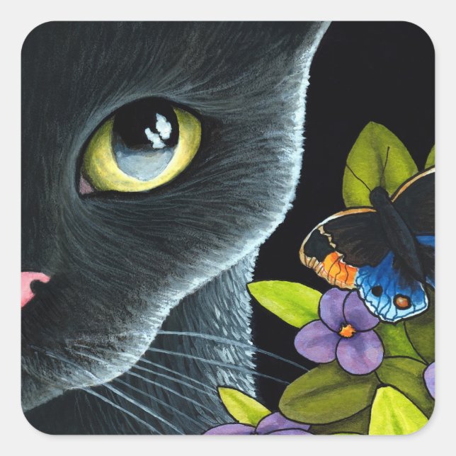 Black Cat 557 Blue butterfly Flowers Square Sticker (Front)