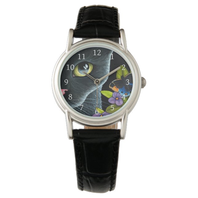 Black Cat 557 Blue butterfly Flowers Watch (Front)