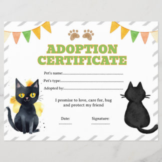Black cat adopt a pet certificate editable flyer