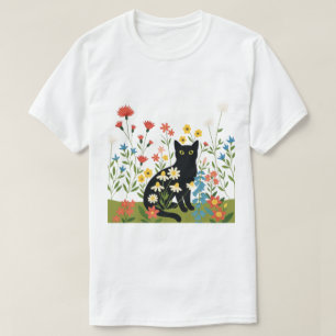 Black Cat Among Colourful Wildflowers – Cottagecor T-Shirt