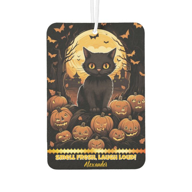 Black cat among glowing pumpkins at dusk air freshener (Back)