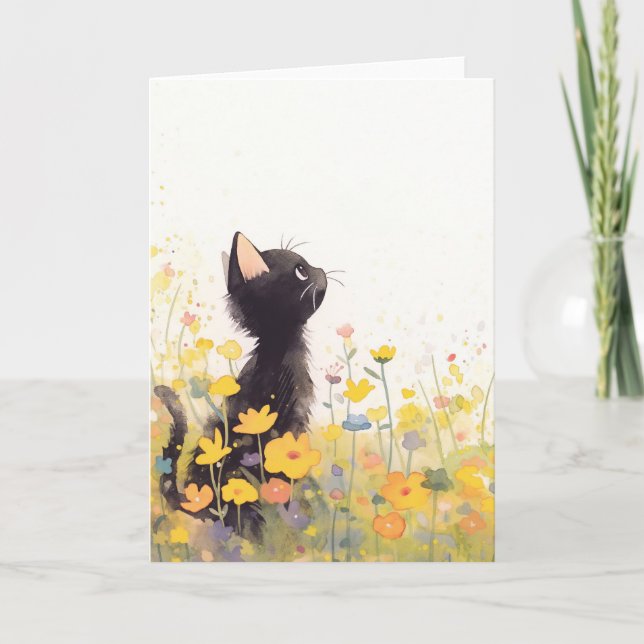 Black Cat Among the Flowers Card (Front)