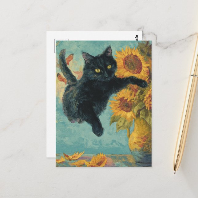 Black Cat and a Vase of Sunflowers Postcard (Front/Back In Situ)