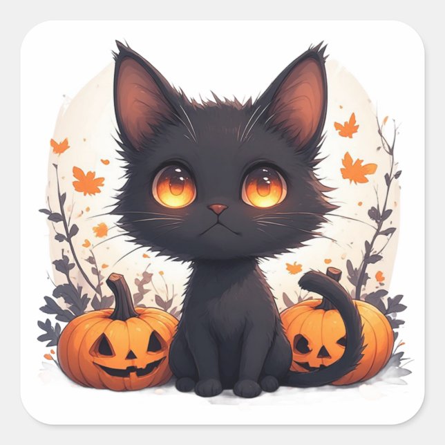 Black Cat and Autumn Pumpkin Square Sticker (Front)