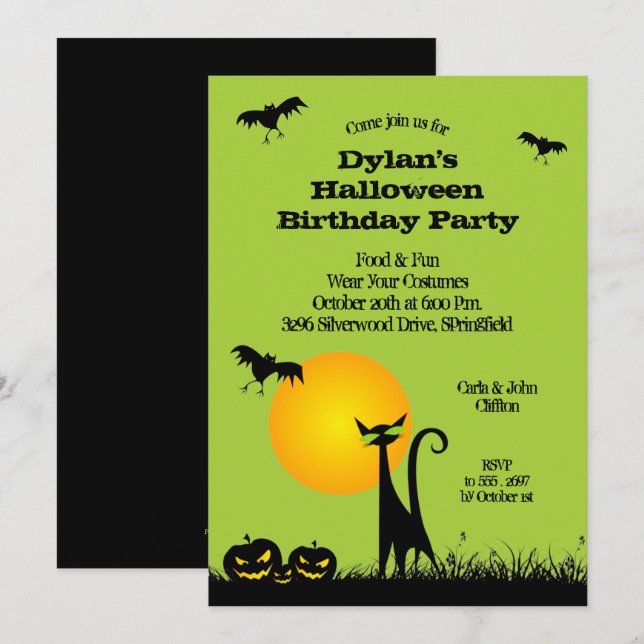 Black Cat and Bats Halloween Invitations (Front/Back)