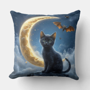 Black Cat and Bats Under a Crescent Moon Throw Pillow