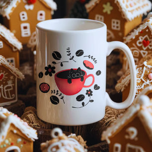 Black cat and black coffee Two-Tone coffee mug