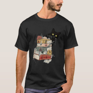 Black Cat And Books Flowers Reading Club Cat Lover T-Shirt