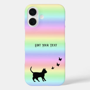 Black Cat and Butterfly on Rainbow iPhone 16 Case