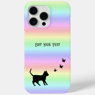 Black Cat and Butterfly on Rainbow iPhone 15 Pro Max Case