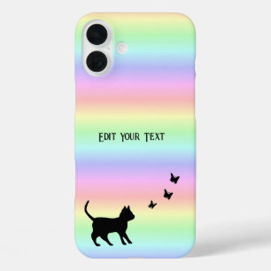 Black Cat and Butterfly on Rainbow iPhone 16 Plus Case