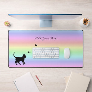Black Cat and Butterfly on Rainbow Desk Mat