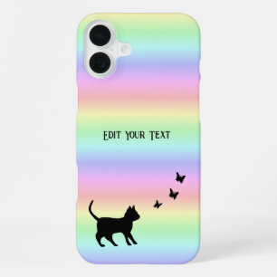 Black Cat and Butterfly on Rainbow iPhone 16 Plus Case