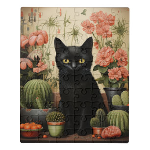 Black Cat and Cactus Plants Jigsaw Puzzle