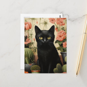 Black Cat and Cactus Plants Postcard