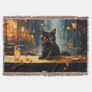 Black Cat and Cafe at Night Throw Blanket
