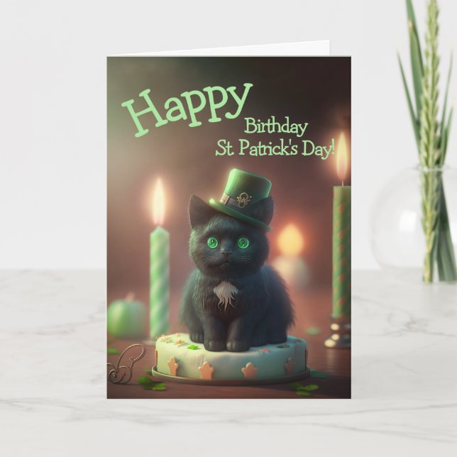 Black Cat and Cake Birthday St. Patrick's Day Holiday Card (Front)